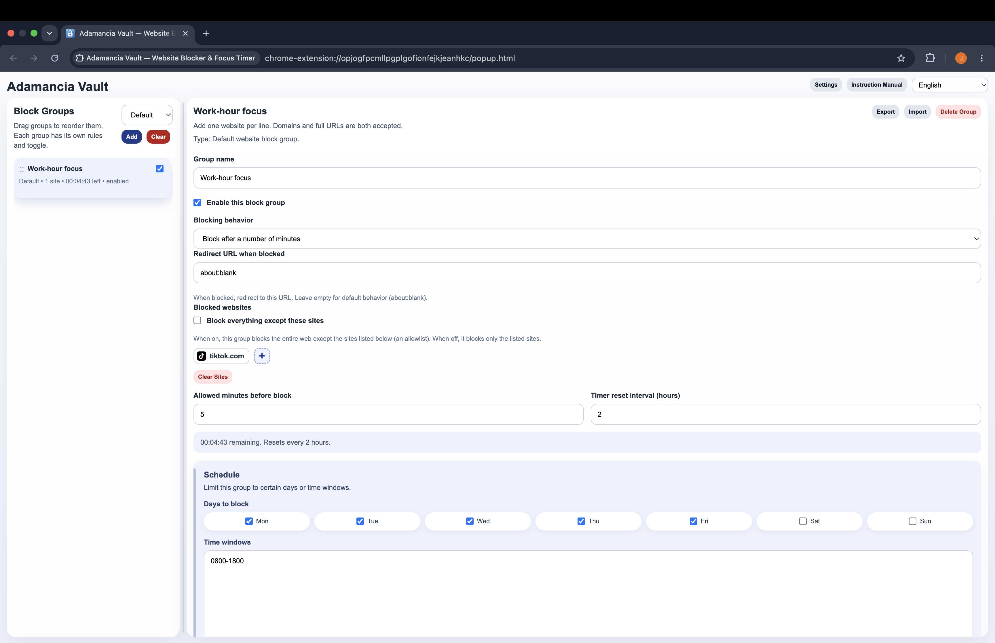 Vault extension screenshot showing a website blocking group